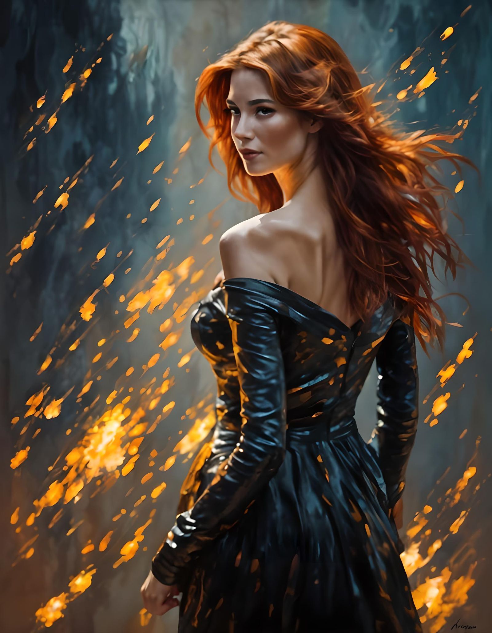 Impressionist Woman with Flowing Auburn Flame Hair