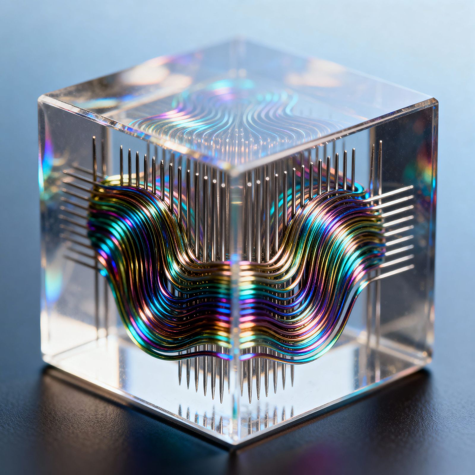 Iridescent Magnetic Needles Flowing Design in Clear Cube