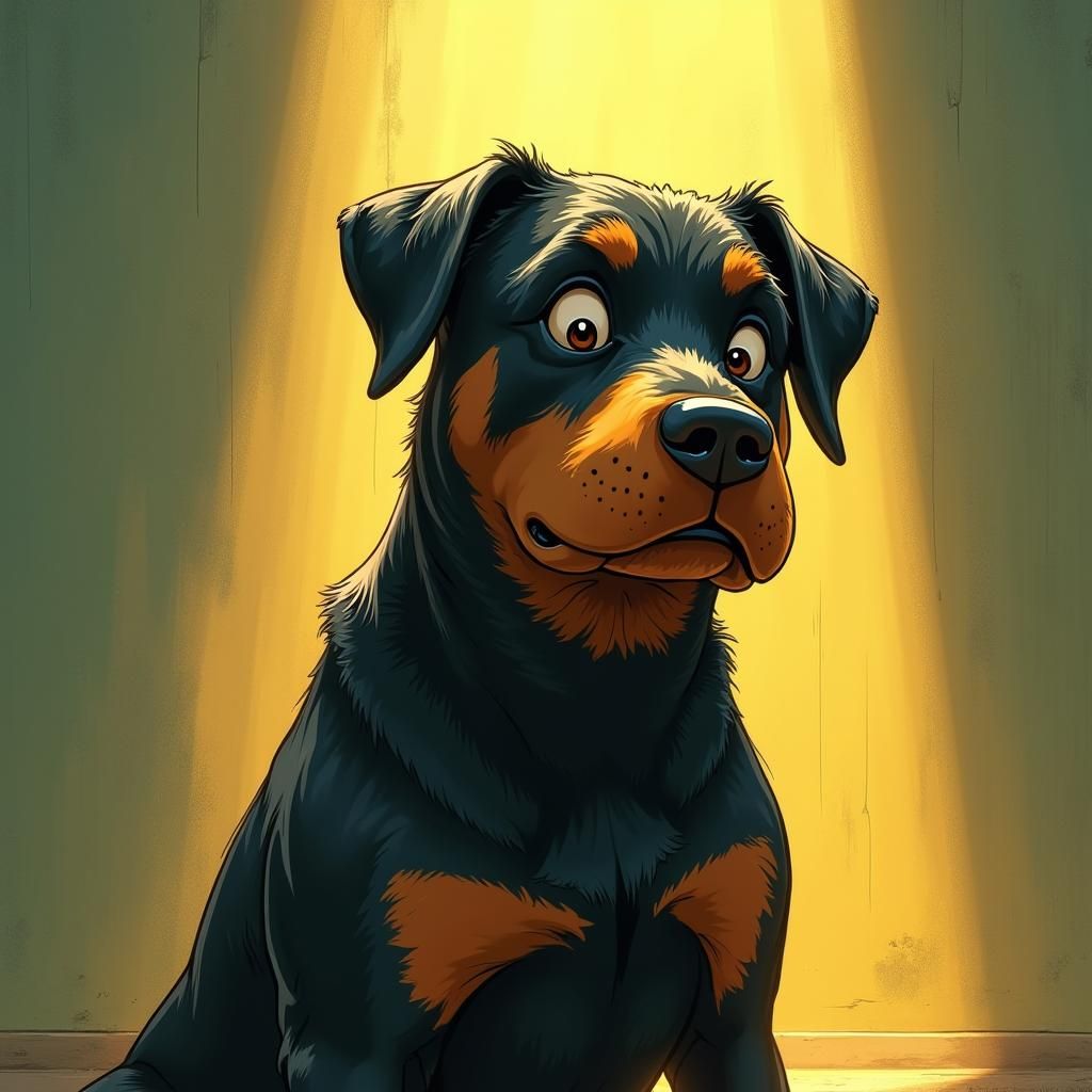 Bewildered Rottweiler in Dreamlike Cartoon Concept Art