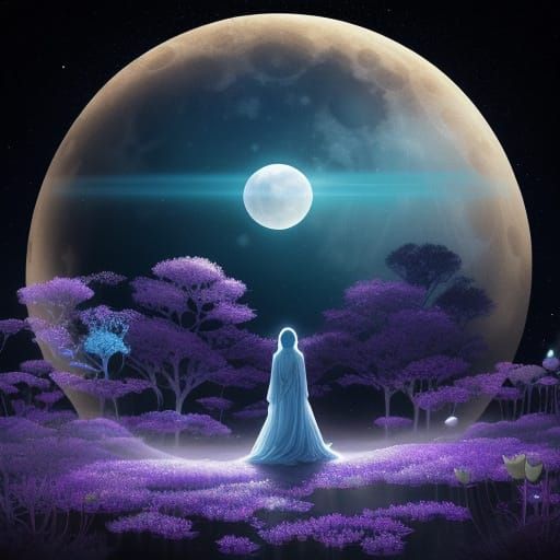 Giant Moon Reflects Serene Woman in Dreamlike Landscape