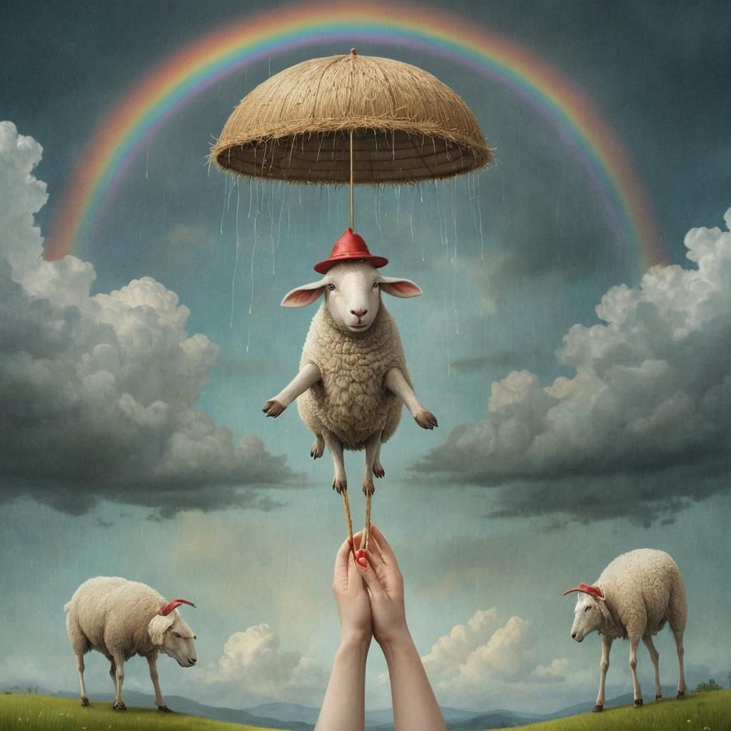 Surreal Sheep Shaving Scene in a Dreamlike Style