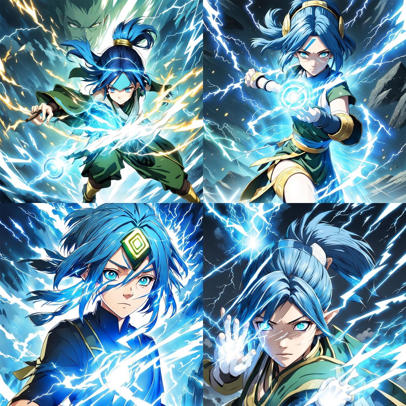 Blue-Haired Girl Wielding Lightning in Anime Style