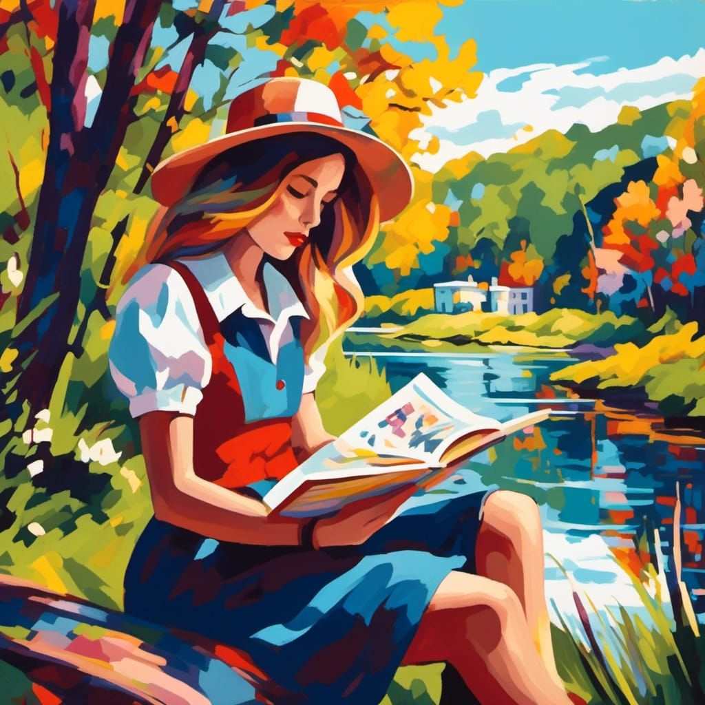 Girl Reads Book by River in Dadaism Style