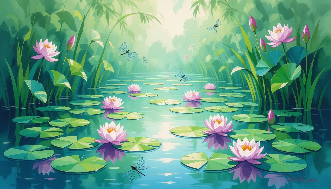 Serene Pond with Dragonflies in Gouache Style