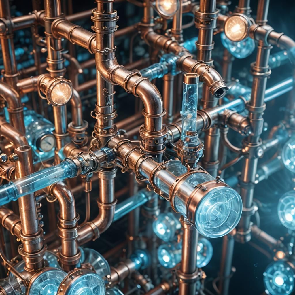 Steampunk Glass Pipe Network with Intricate Details