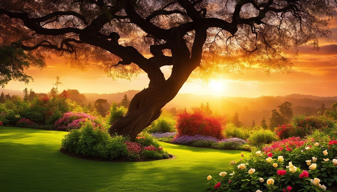 Serene Sunset Garden in a Beautiful Landscape