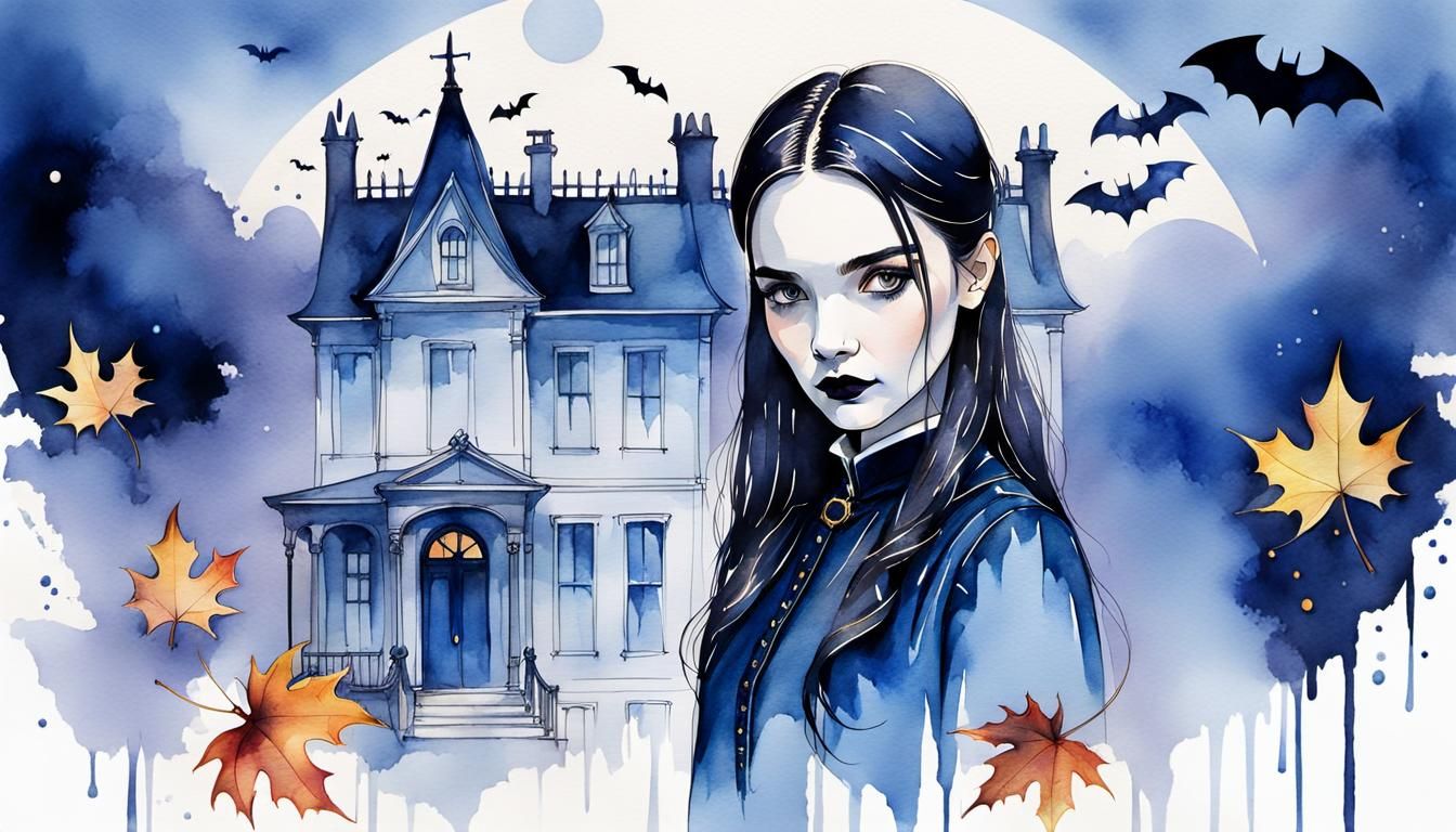 Wednesday Addams Fashion Sketch with Watercolor Background