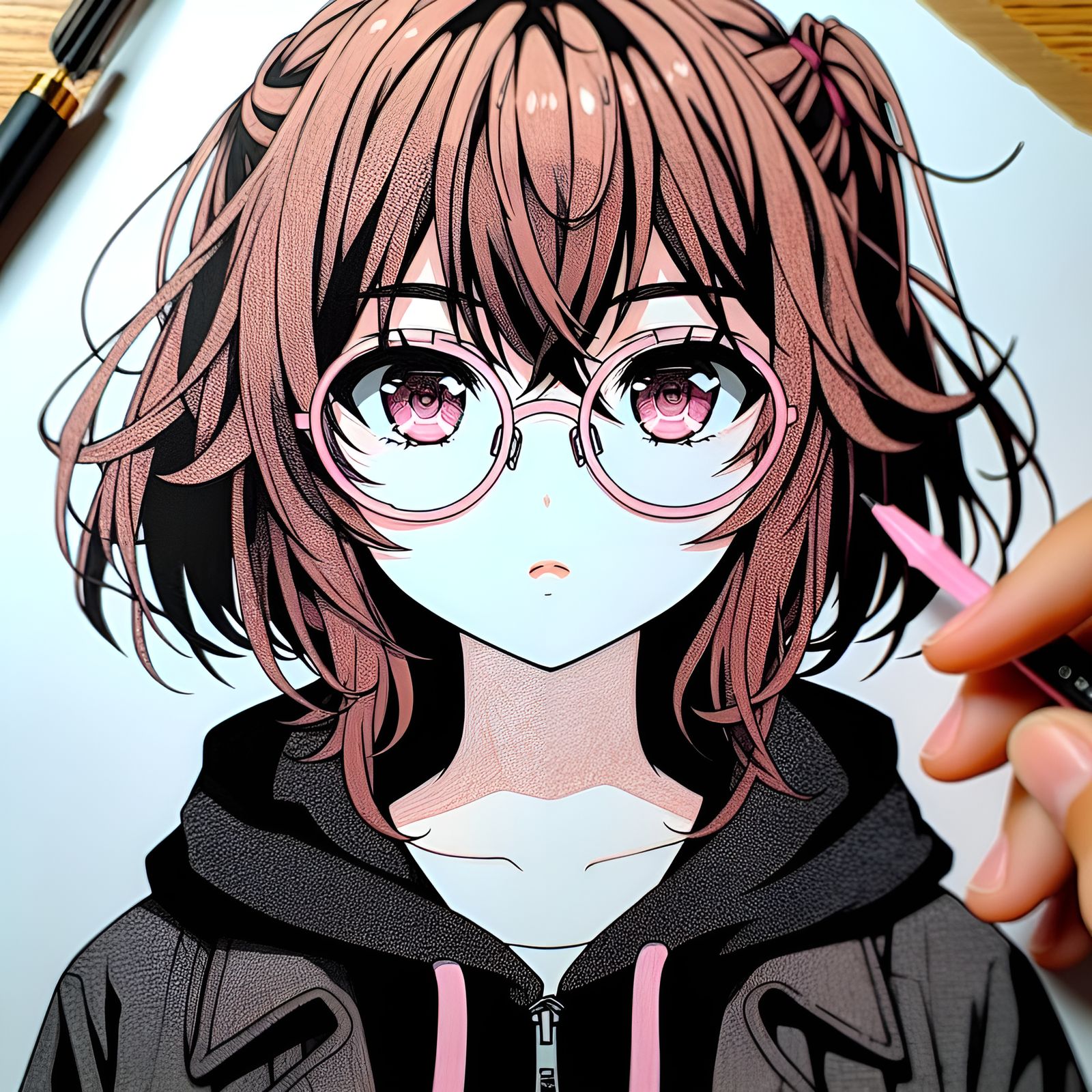 Anime Girl with Pink Glasses in Lofi Style