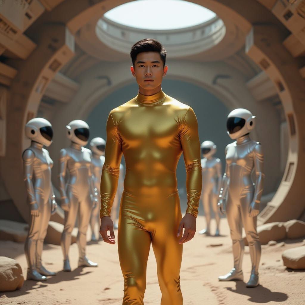 Asian Captain Exploring Alien City with Crew