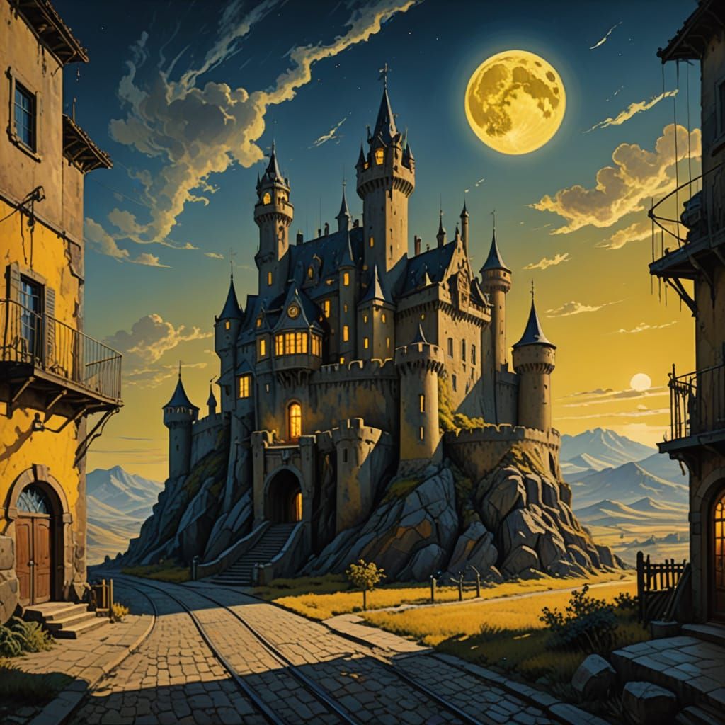 Colossal Castle Under Yellow Supermoon: Neo-Impressionist Pa...