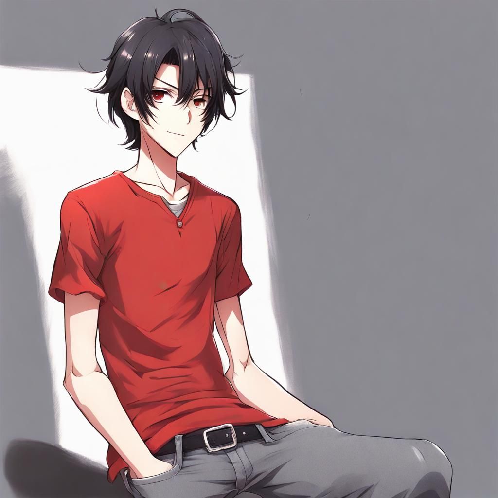 Anime Style Boy with Red Shirt and Black Hair