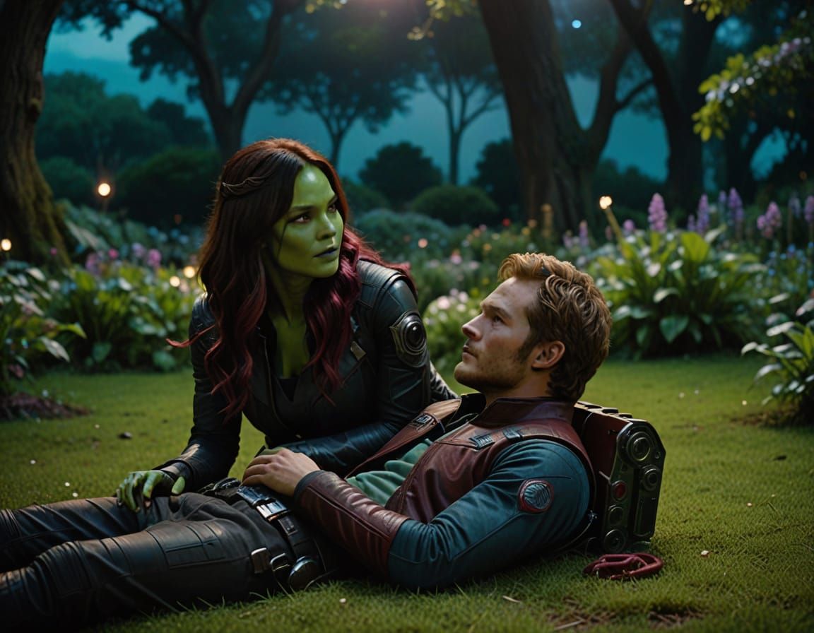 Gamora and Star-Lord in a Moonlit Garden