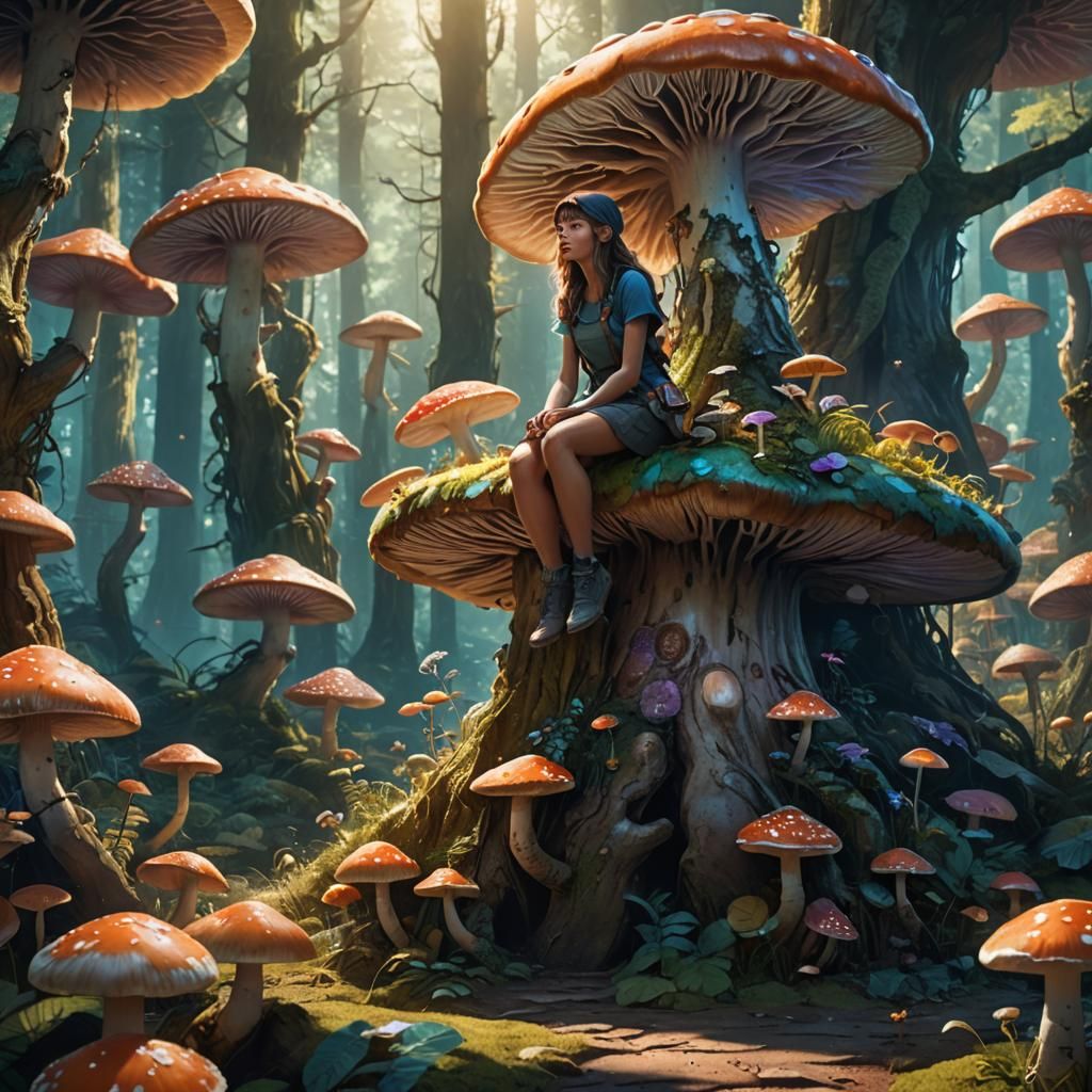 Girl on Mushroom in Whimsical Forest: Fantasy Art