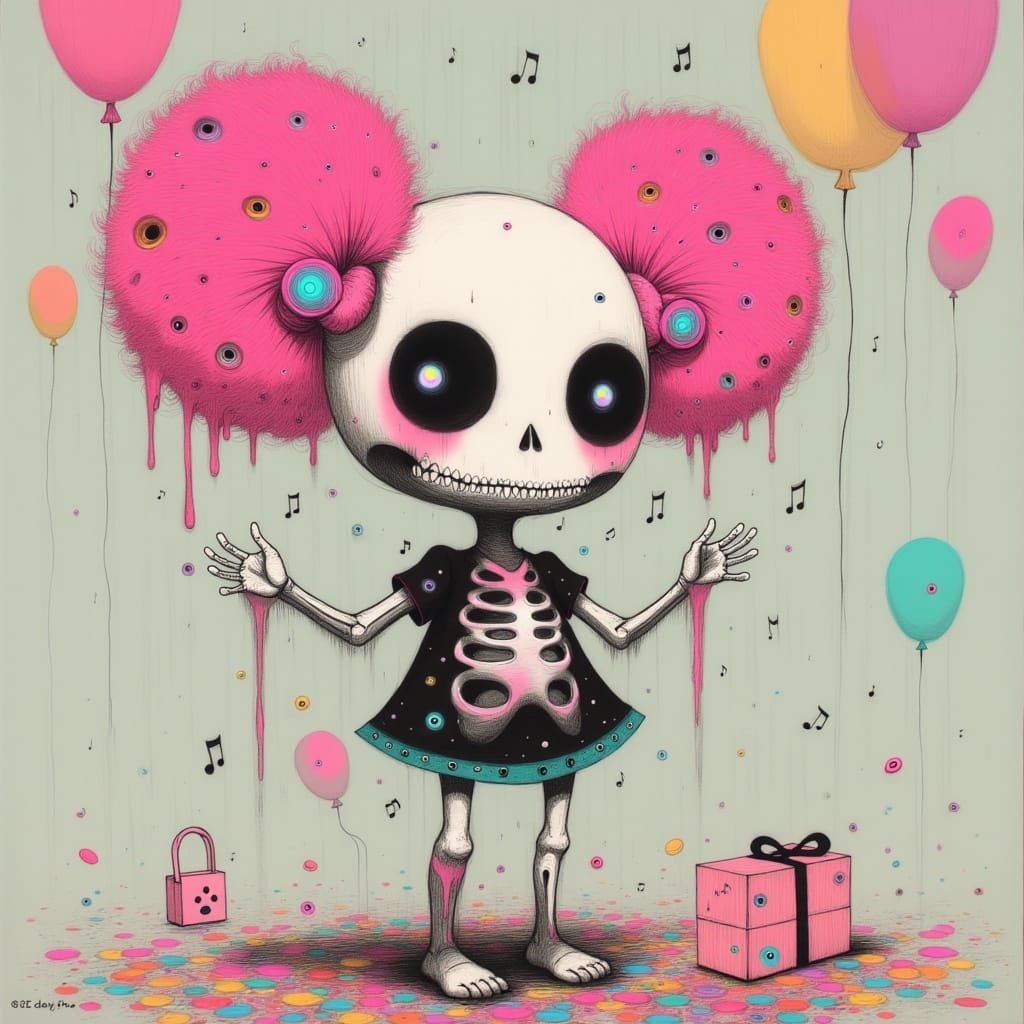 Whimsical Skeleton Celebration in Gothic Kawaii Style