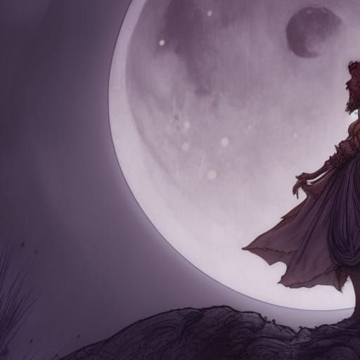 Woman Gazing at Moon in Arthur Rackham Style