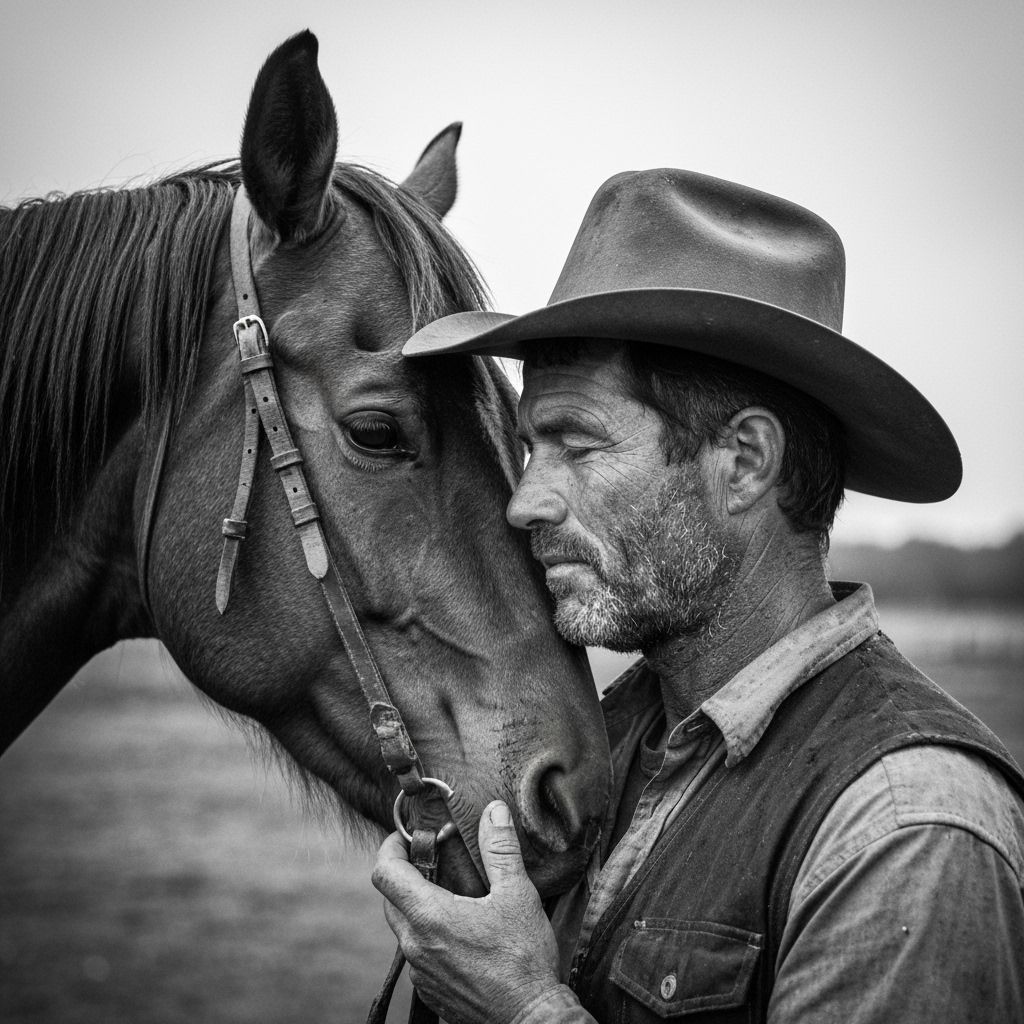 Cowboy and Horse Share Tender Moment in B&W Portrait