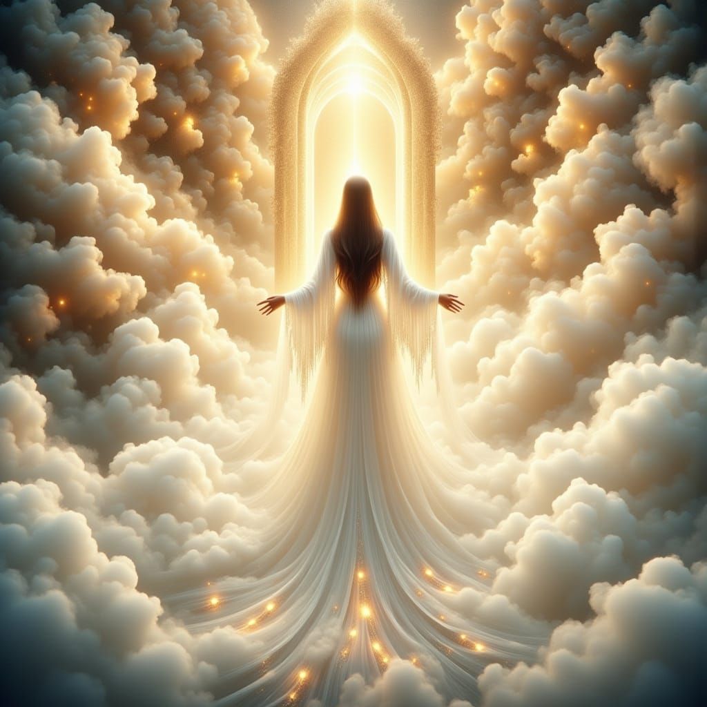Serene Woman Enters the Pearly Gates