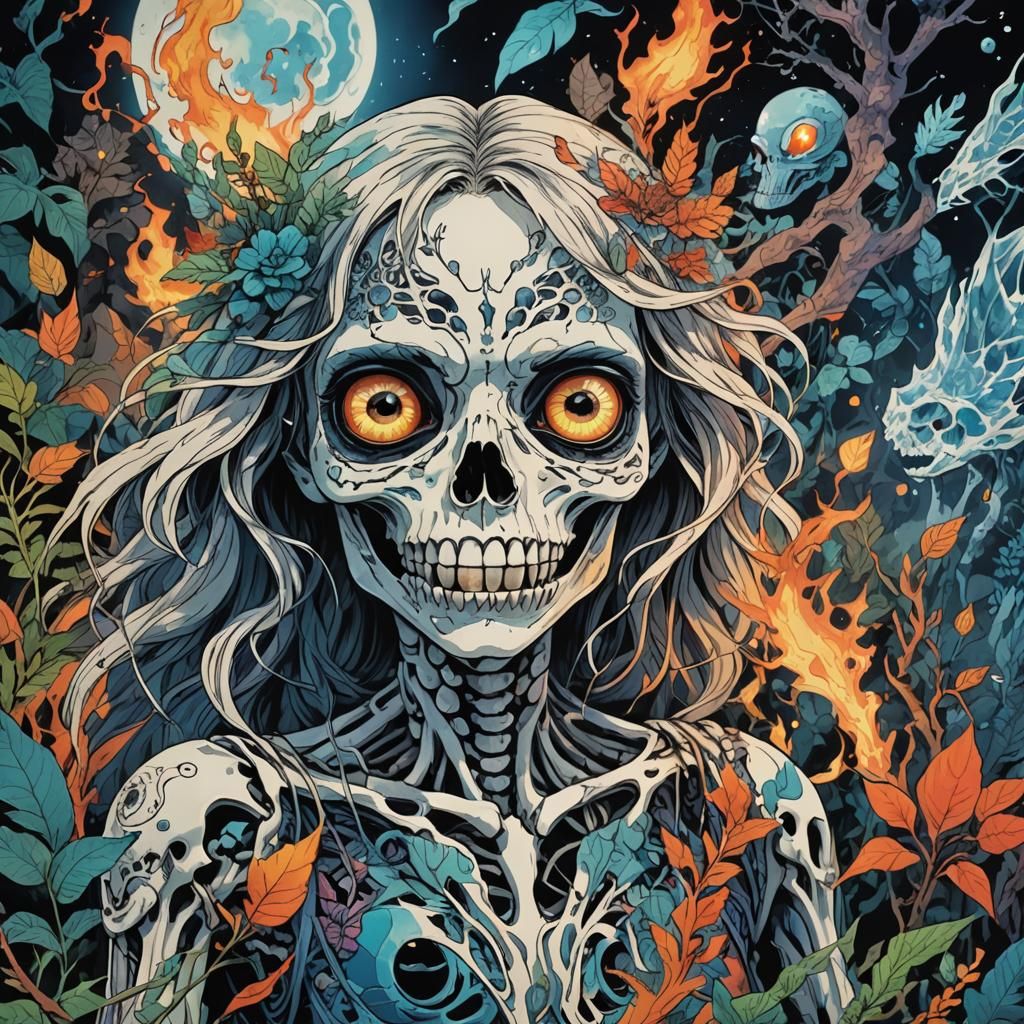 Shocked Skeleton Woman in 80s Anime Style