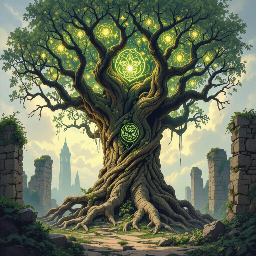 Ancient Tree in Forgotten City: Dark Fantasy Concept Art