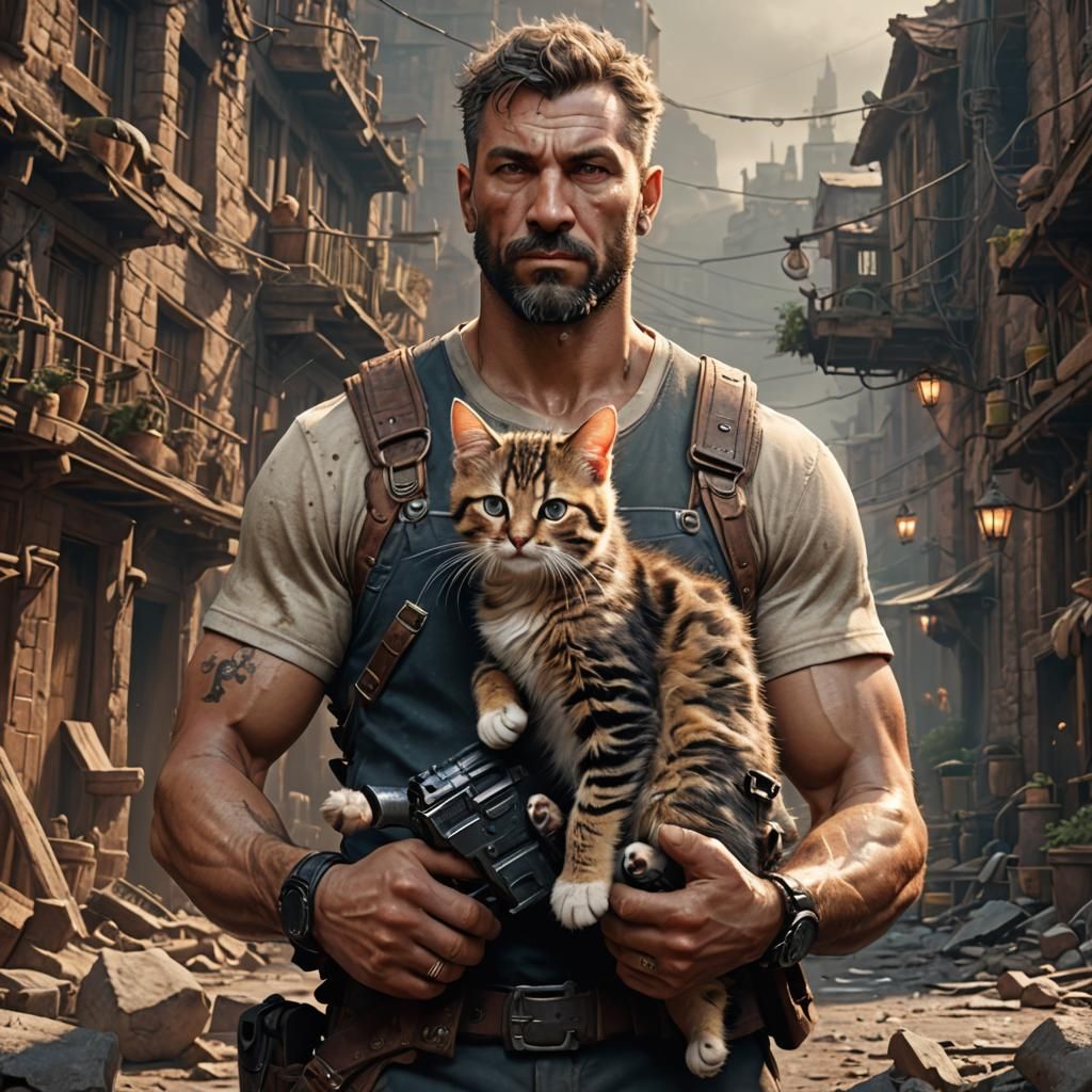 Buff Man Holding Kitten: Detailed Matte Painting