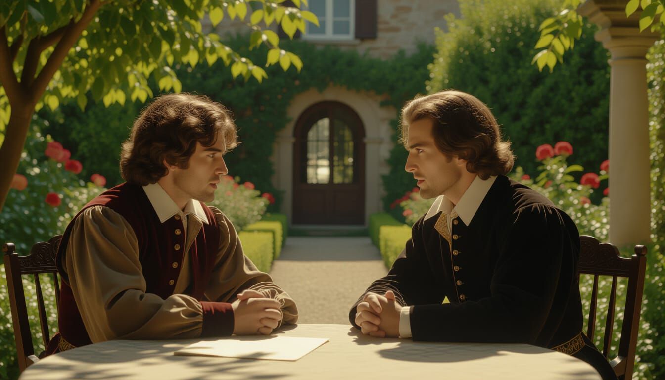 Shakespeare and Marlowe Debate in Sunlit Garden, Cinematic S...