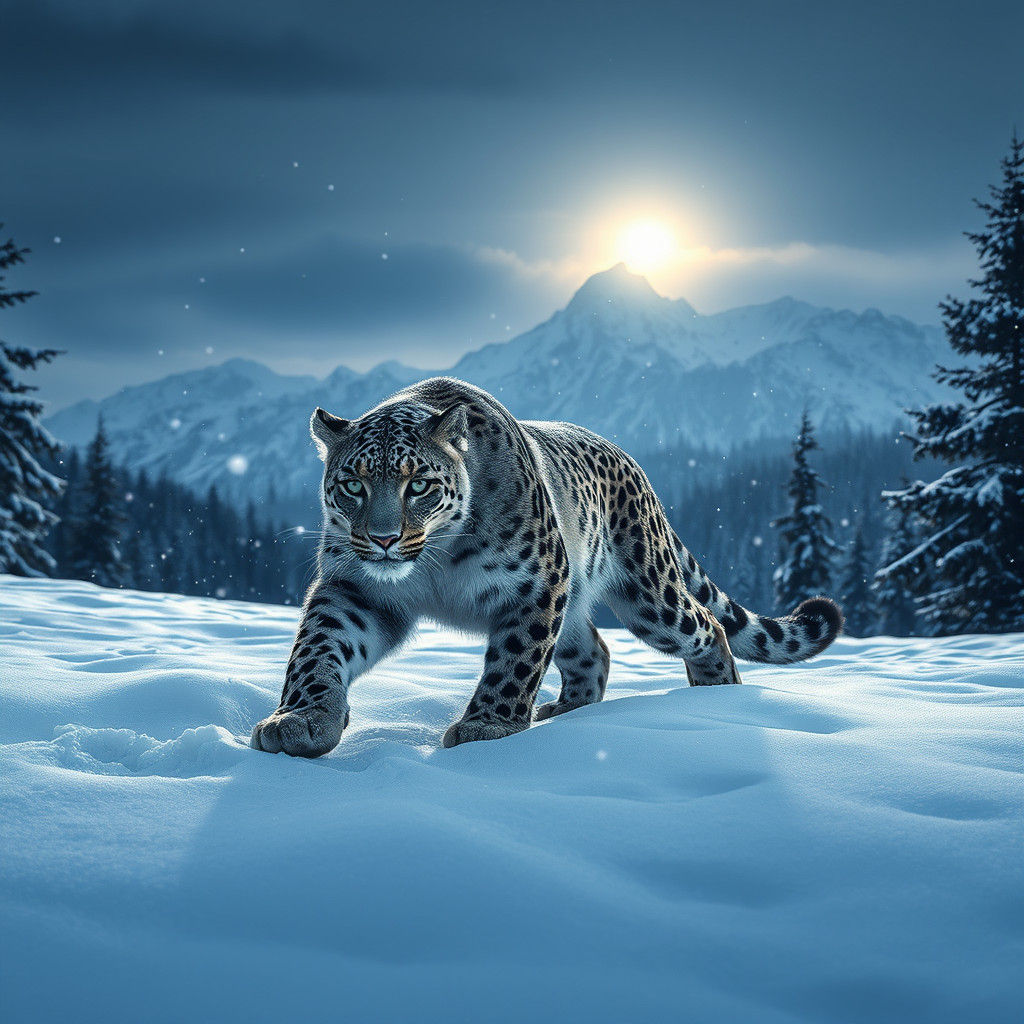 Snow Leopard Hunting in Snowy Mountains