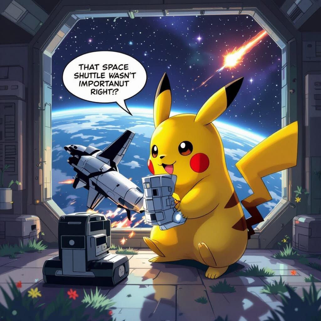 Pikachu Smugly Watches Space Shuttle Reentry in Anime Style