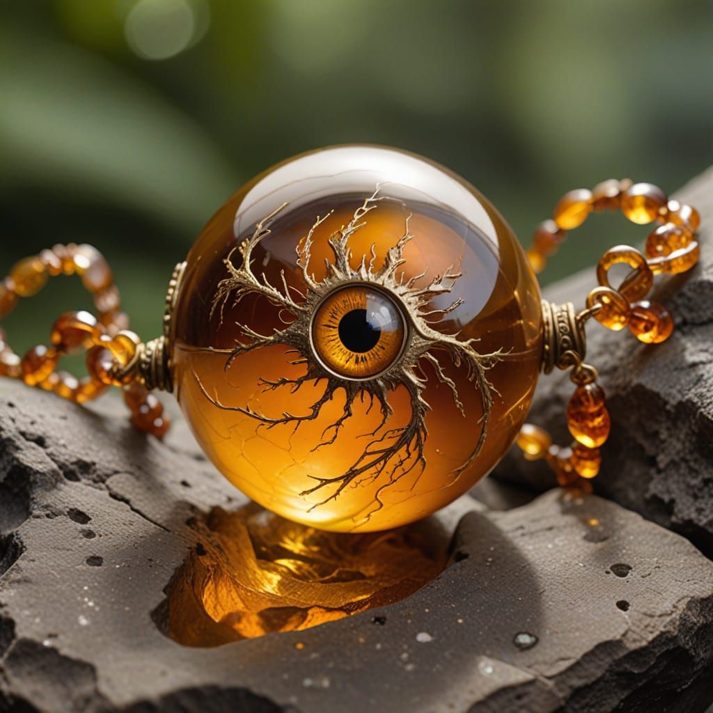 Amber Bead Necklace with Reptilian Eyeball