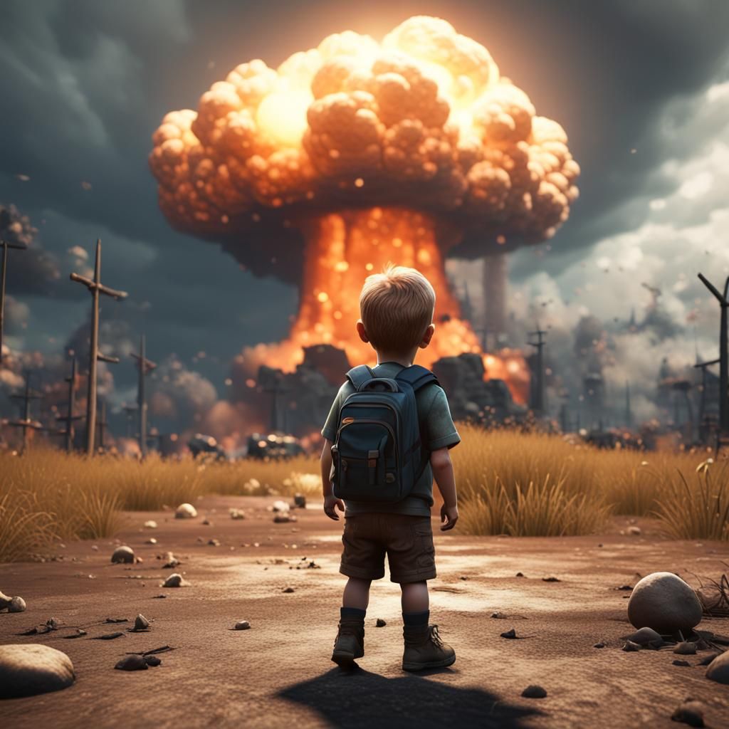 Sad Toddler Crying Before Nuclear Explosion in 3D