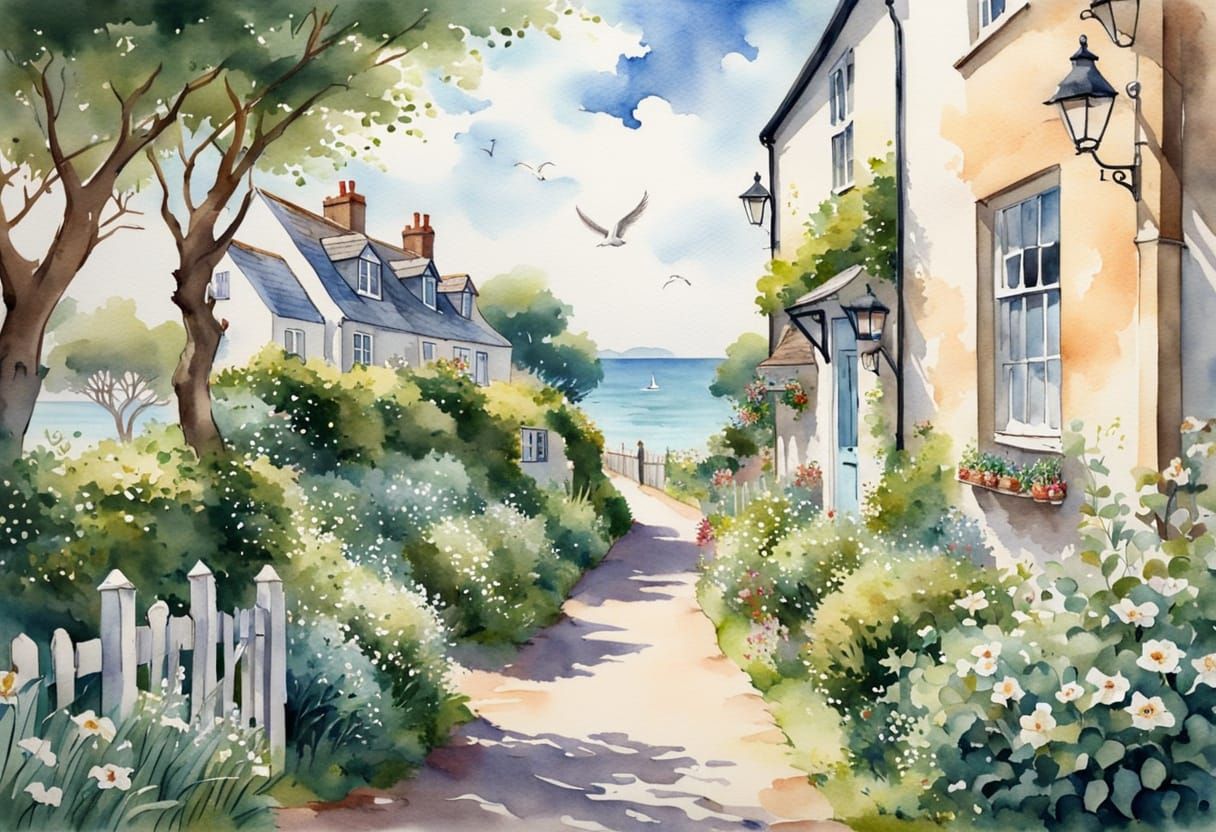 Seaside Street Watercolour Painting with Old English Charm