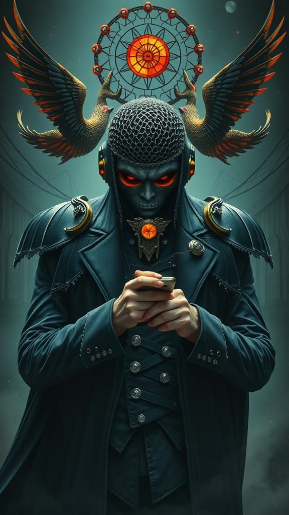 Biomechanical Figure with Cell Phone in Gothic Art Style