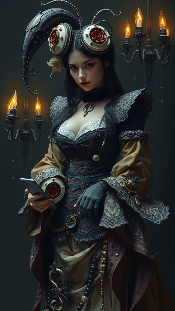 Victorian Figure with Cell Phone in Biomechanical Surrealism