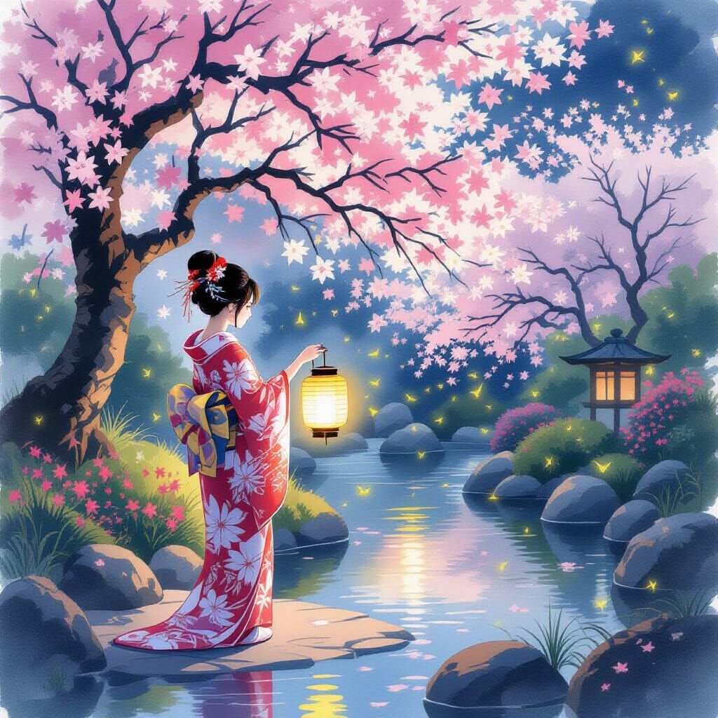 Japanese Garden with Woman and Fireflies in Watercolour Styl...