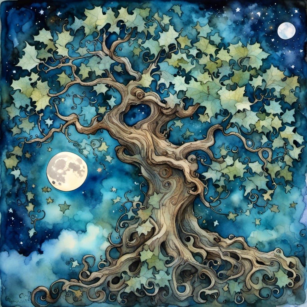 Oak Tree with Ivy Under Starry Sky