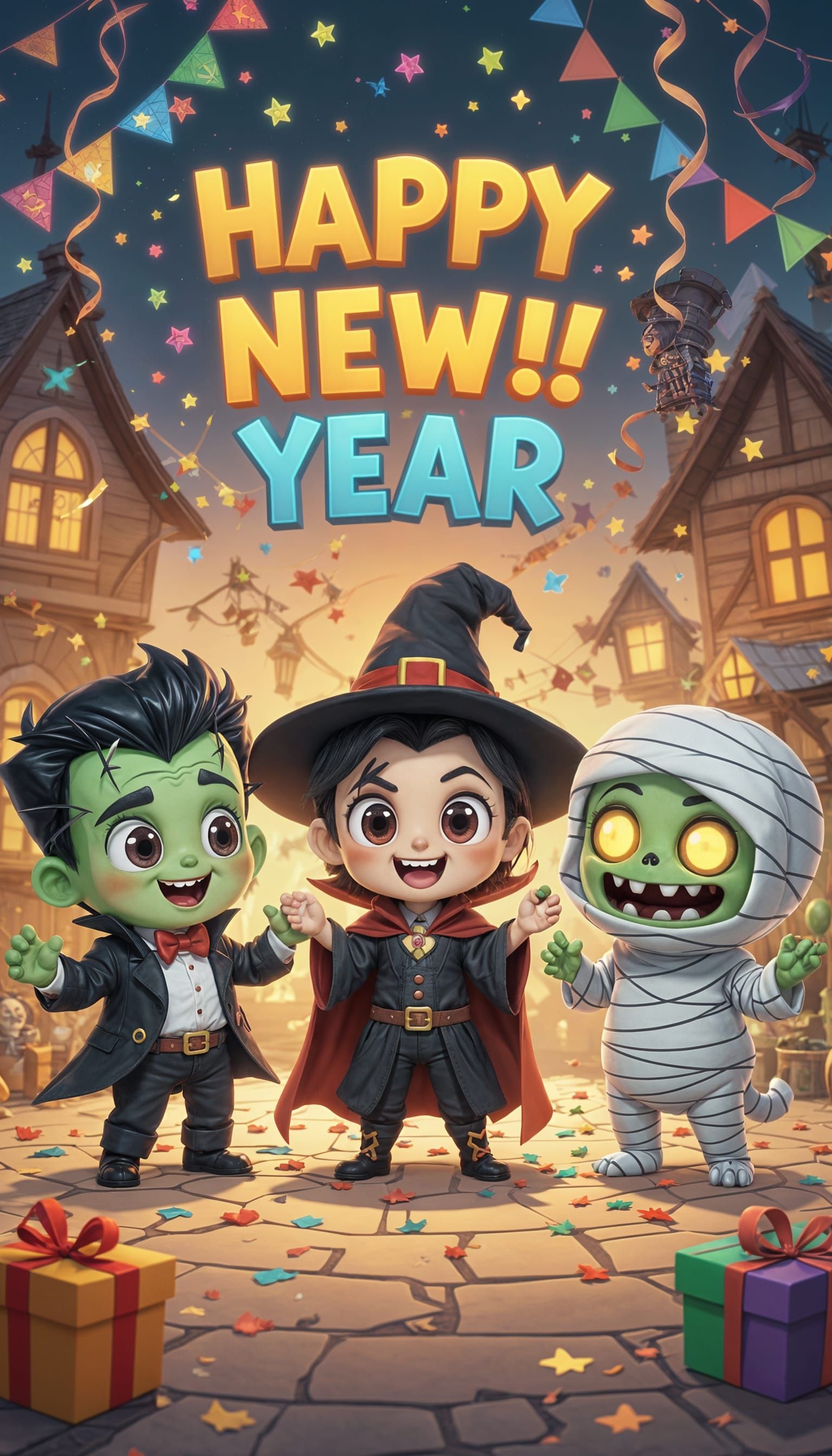 Chibi Monsters Celebrate New Year: Pixar Style