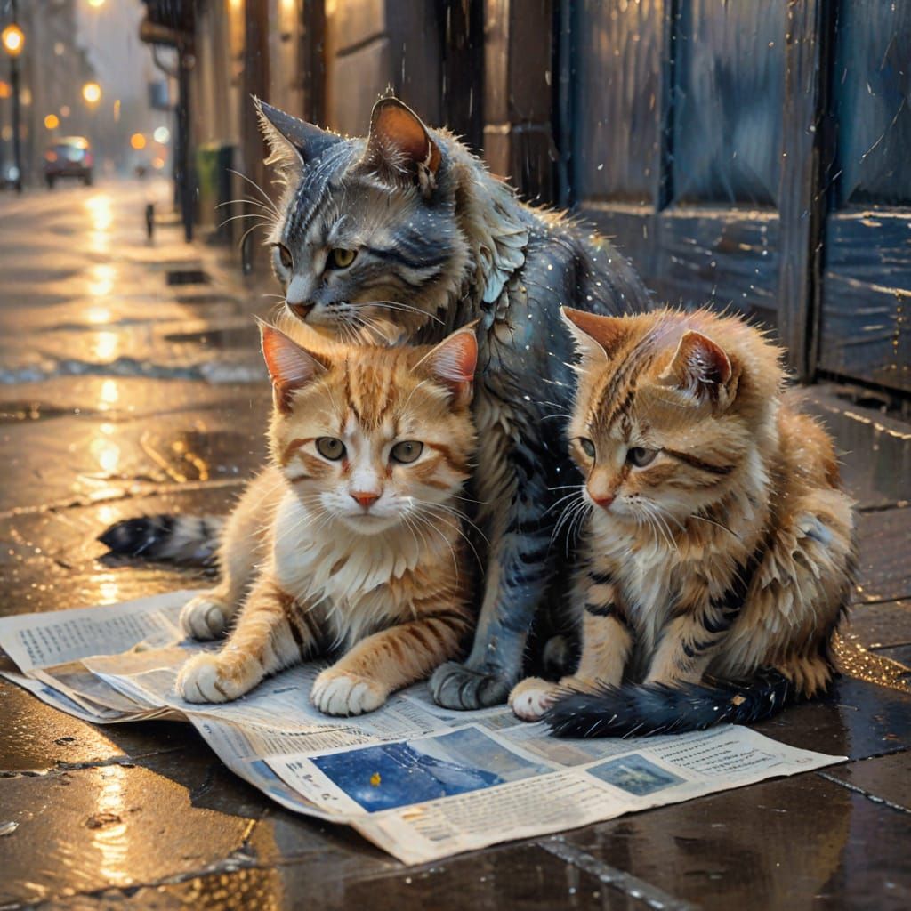 Whiskered Refugees in a Rainy Night Scene