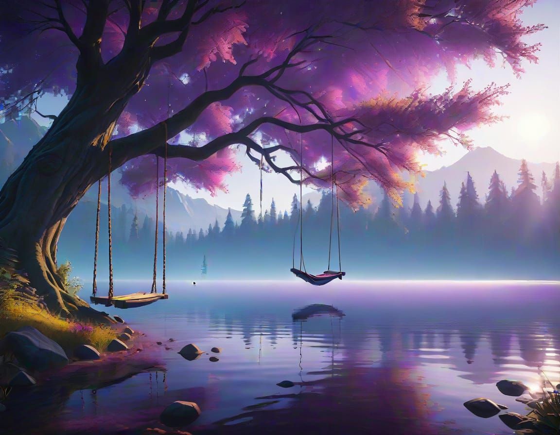 Cozy Lakeside Tree Swing in Fantasy Style