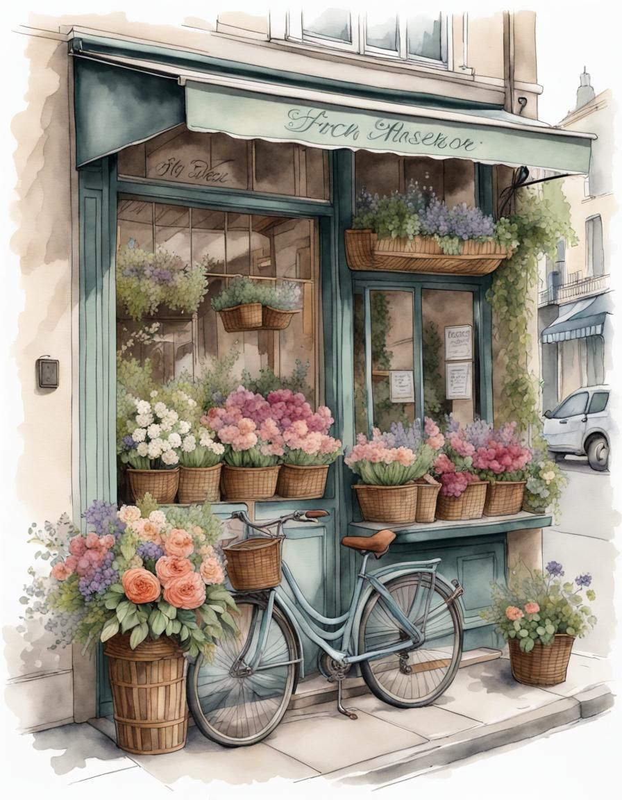 French Flower Shop with Bicycle: Watercolor Illustration