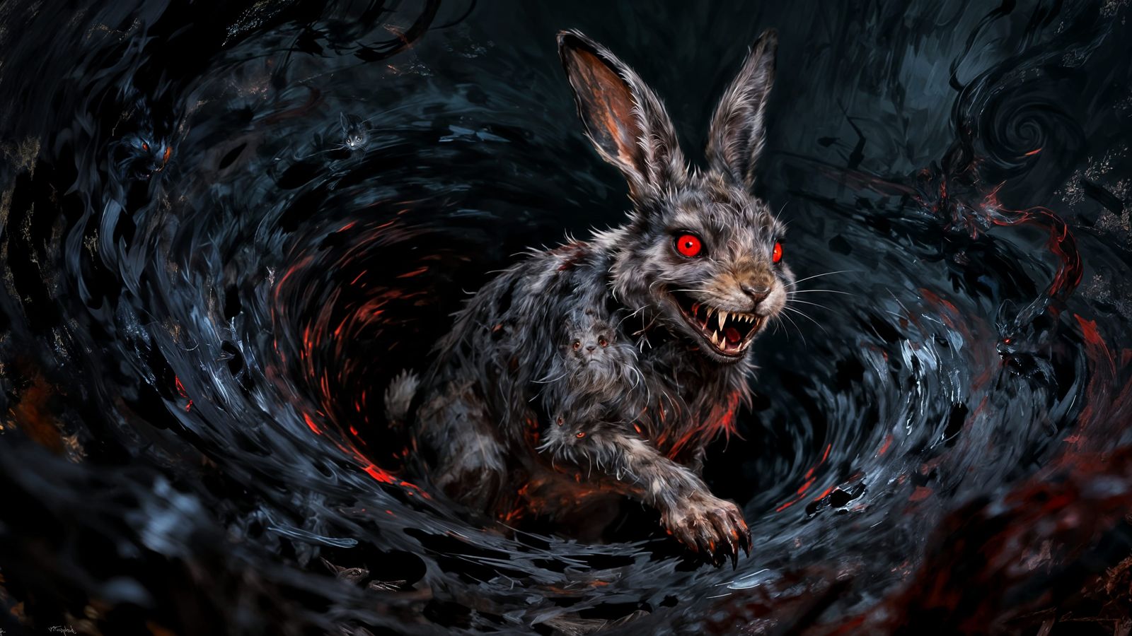 Shadow Rabbit with Red Eyes in Dark Vortex