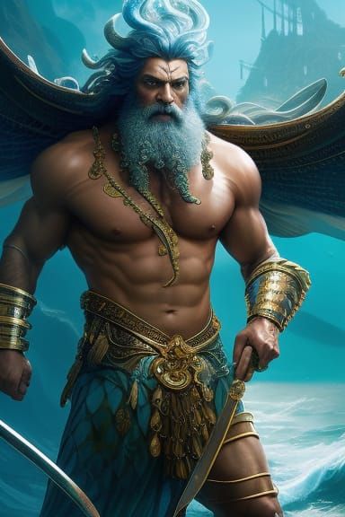 Poseidon Portrait with Trident in Hyperdetailed Style