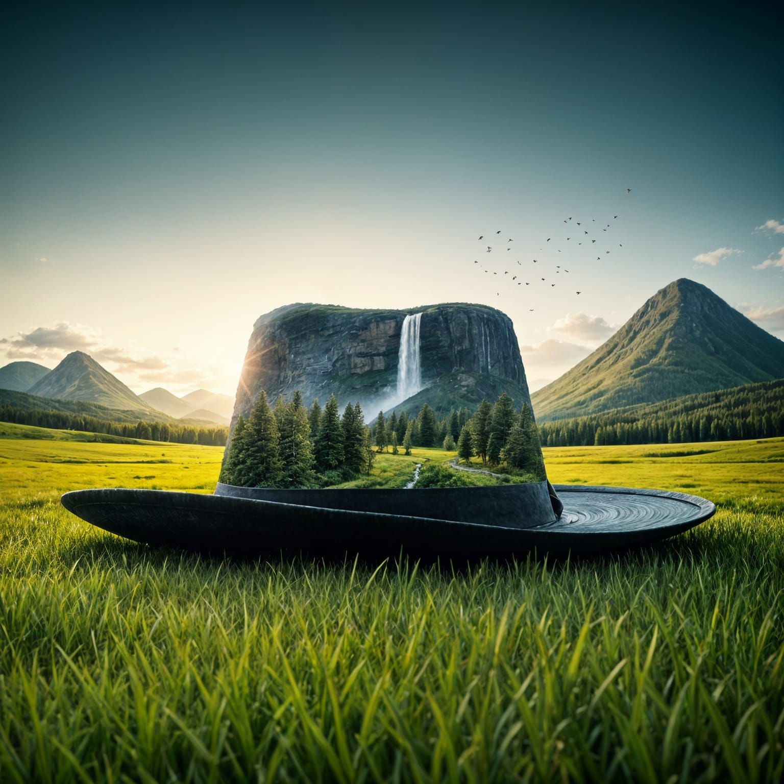 Surreal Landscape on a Giant Hat in a Meadow, in Impressive...