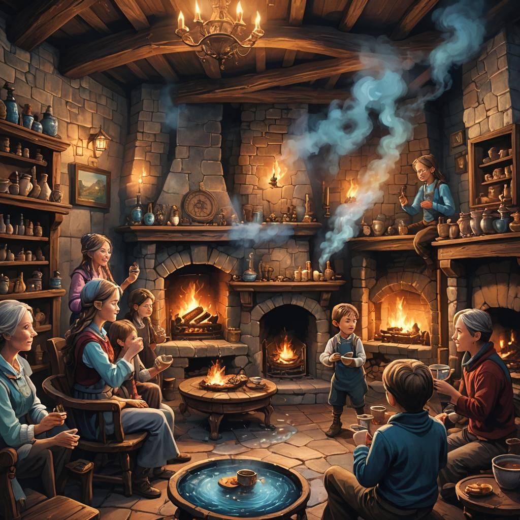 Cozy Family Scene by Fireplace, Fantasy Art