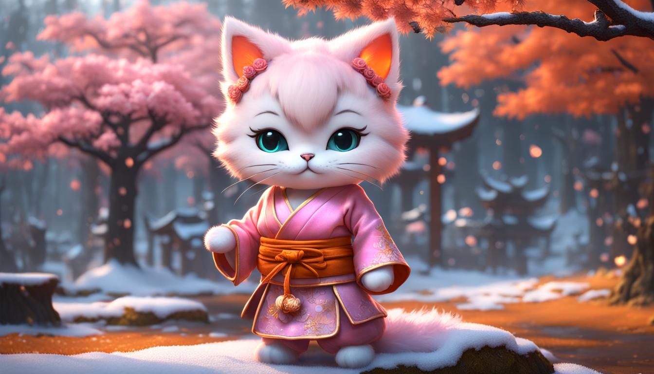 pink fluffy baby chibi kitten in a orange geisha costume at ...