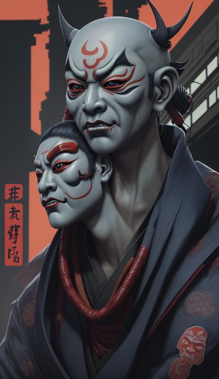Cyberpunk Oni Mask: Detailed Ukiyo-e Matte Painting