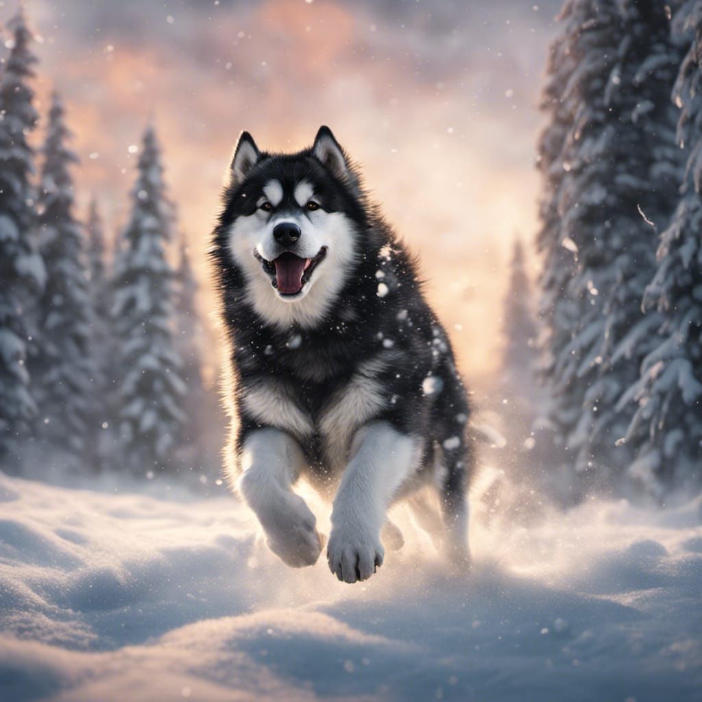 Alaskan Malamute Plays in Snowy Fantasy Landscape