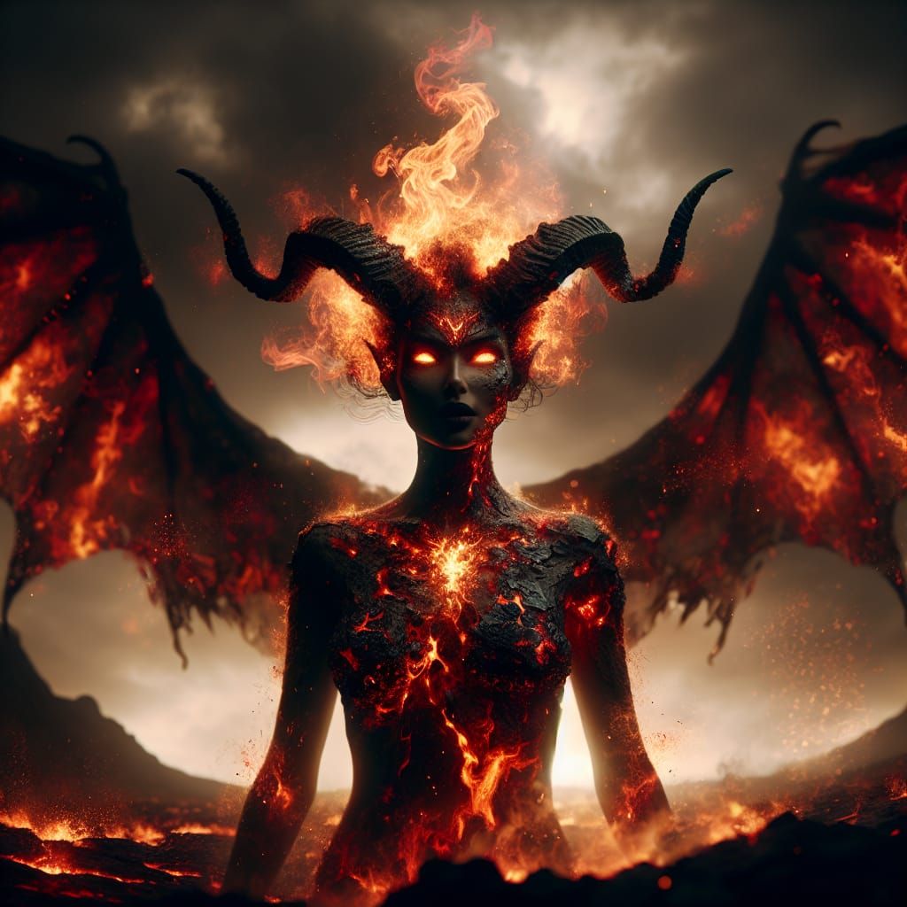 Formidable Demoness with Flaming Skin and Fiery Aura