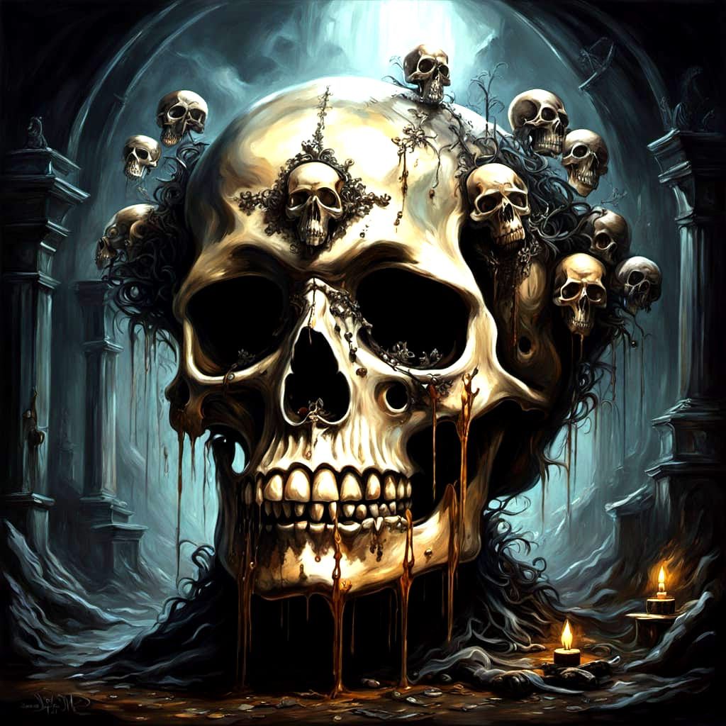Skull luxury surrealism, macabre, horror art, dripping, deca...