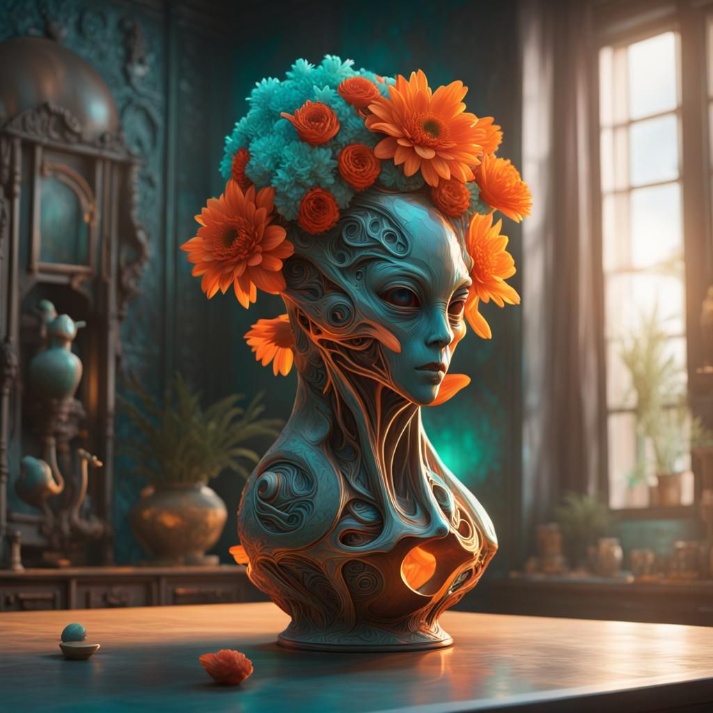 Alien Head Vase with Celestial Flowers