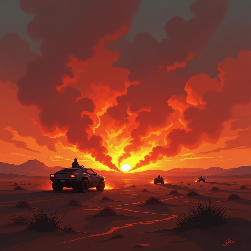 Fiery Noon Landscape in Dystopian Style