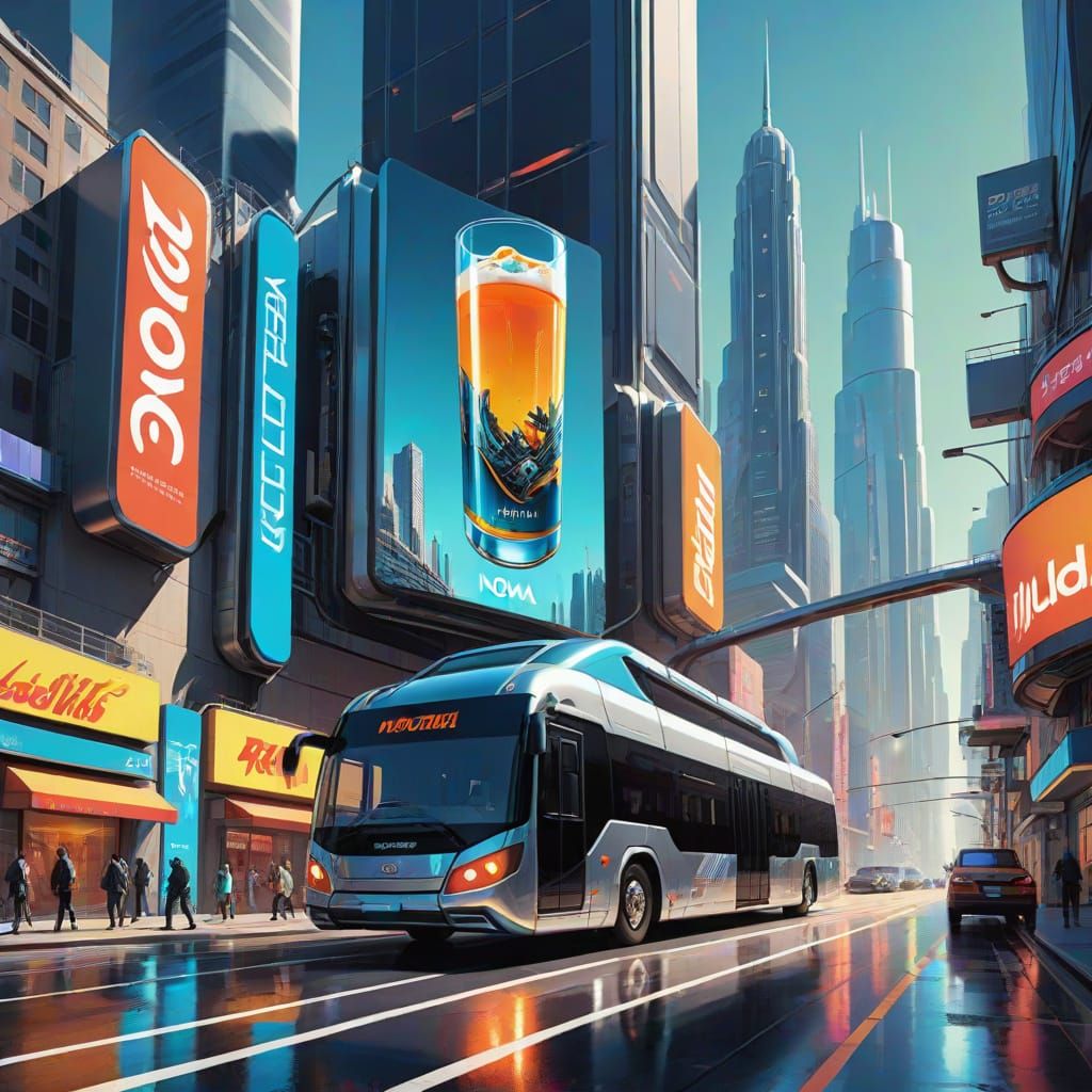 Nova Fuel Robot Ad on Flying Bus in Cyberpunk City